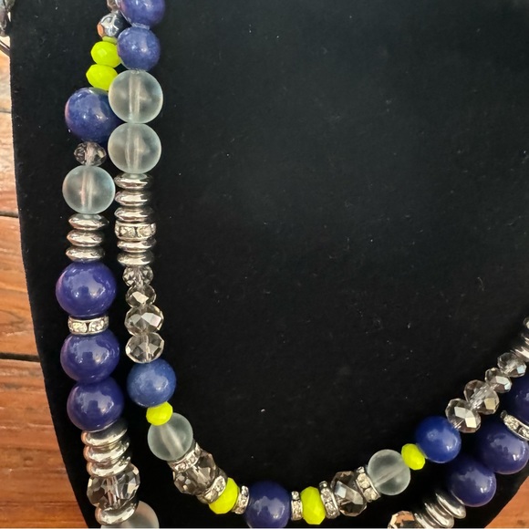 Loft Necklace Yellow Navy & Silver Tone With faceted beads 36” Double Stranded - Picture 3 of 6